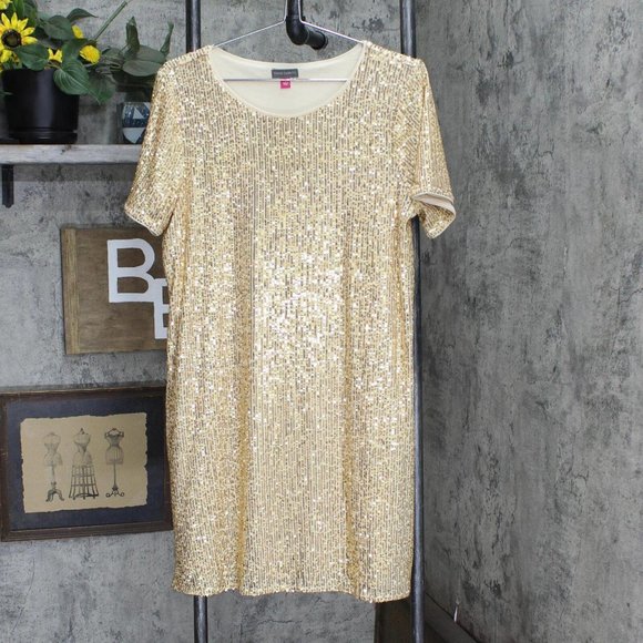 Vince Camuto Dresses & Skirts - NEW Vince Camuto Sleeve Round Neck Sequin Shift Dress 91522713 Gold Yellow L